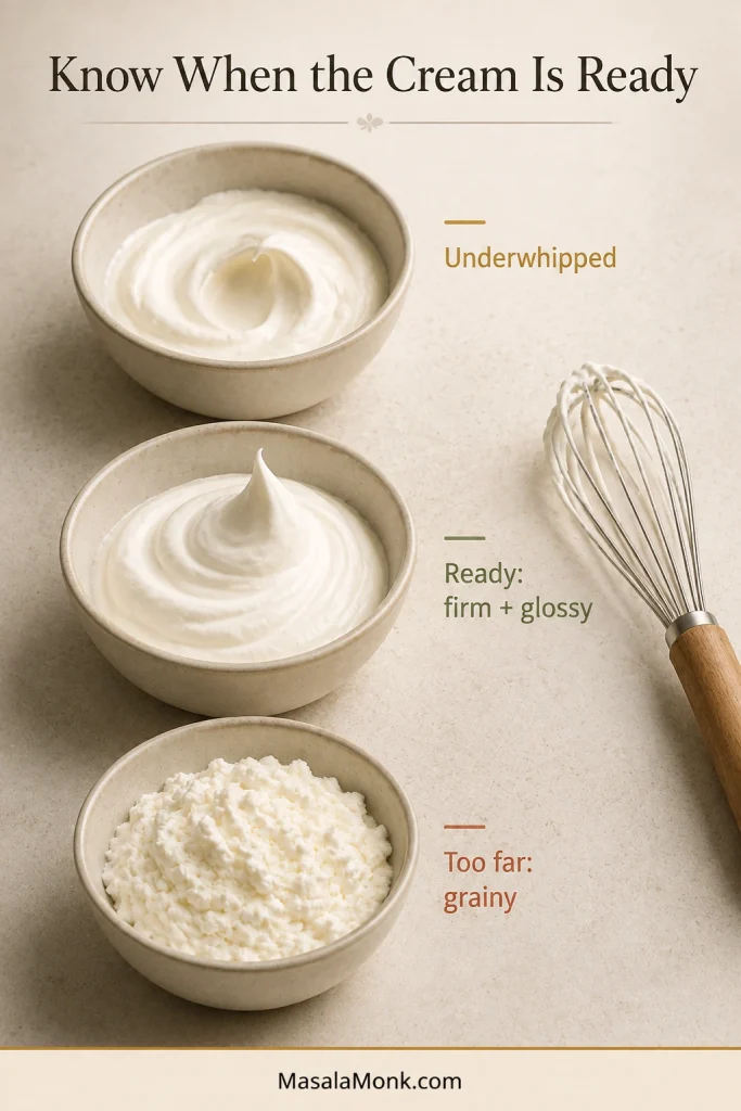 Three bowls compare cream with a collapsing peak, cream with a firm glossy peak and overwhipped cream with a rough grainy texture.