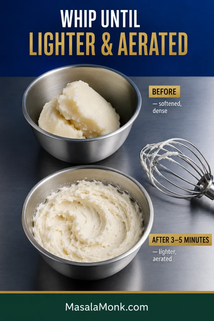 Stainless-steel bowls showing dense softened lard before whipping and lighter, aerated lard after 3 to 5 minutes of beating.