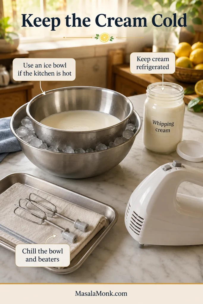 A metal bowl rests over ice beside cold whipping cream, chilled beaters on a dry towel and an electric hand mixer.
