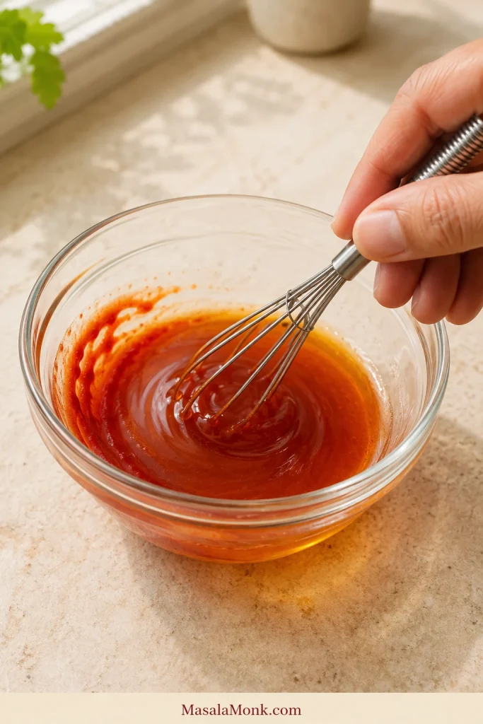 A hand whisking honey and hot sauce in a clear glass bowl while a few darker red streaks remain around the edge.