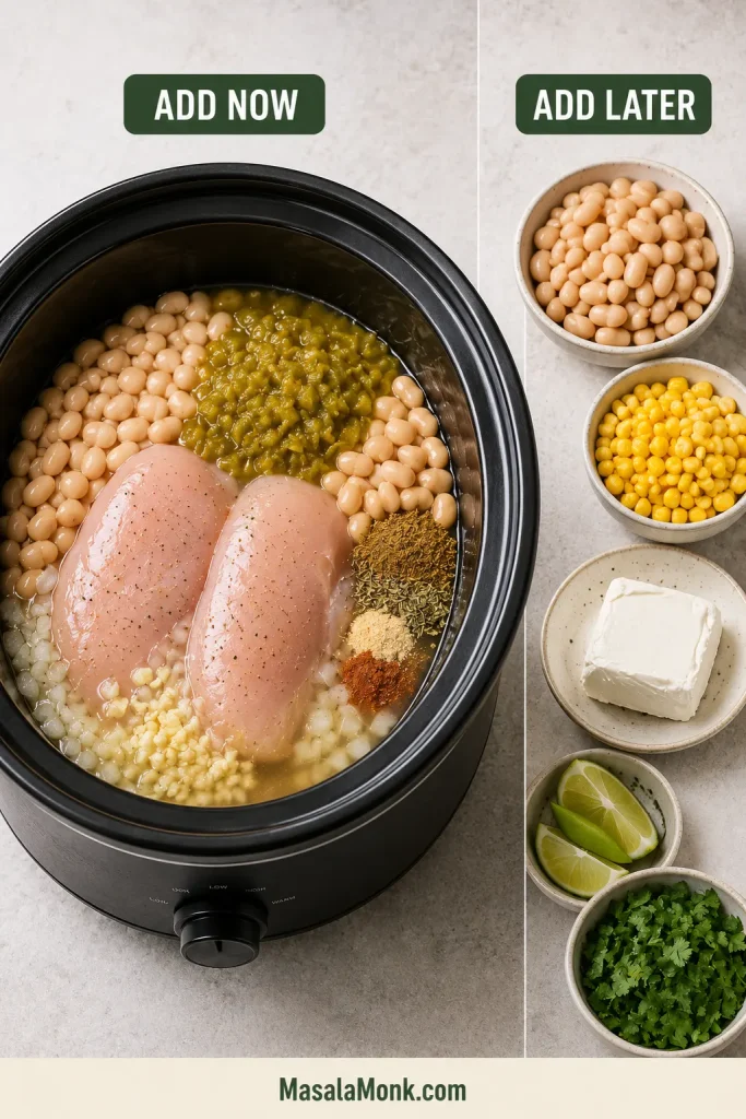 Guide separating ingredients added at the start of slow cooking from beans, corn, cream cheese, lime and cilantro added later.