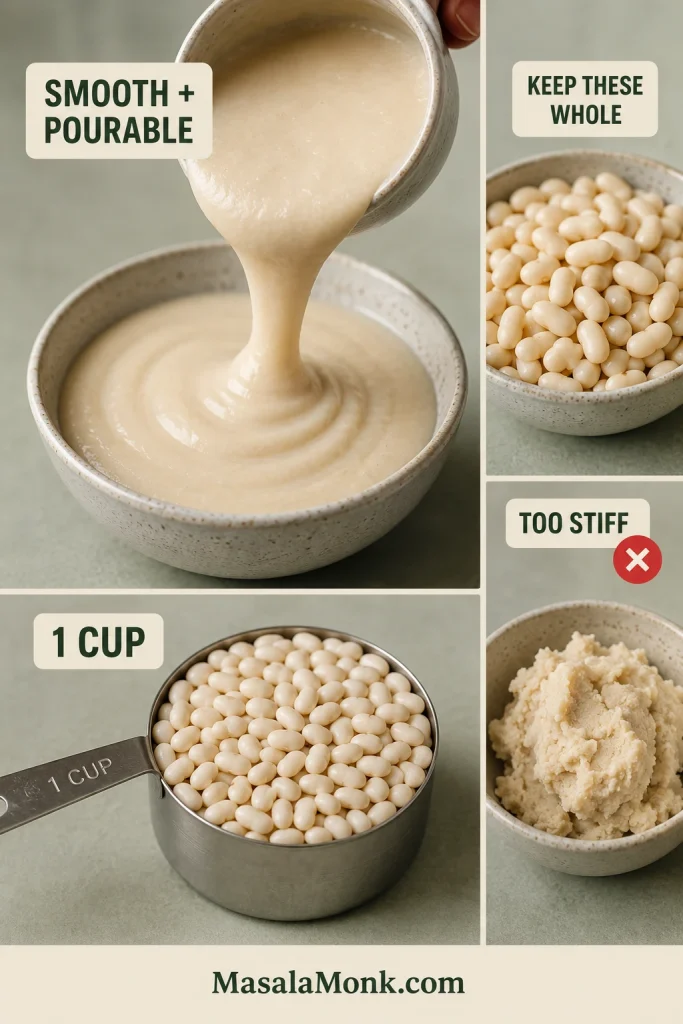 Reserved white beans blended with hot cooking liquid into a smooth, pourable purée.