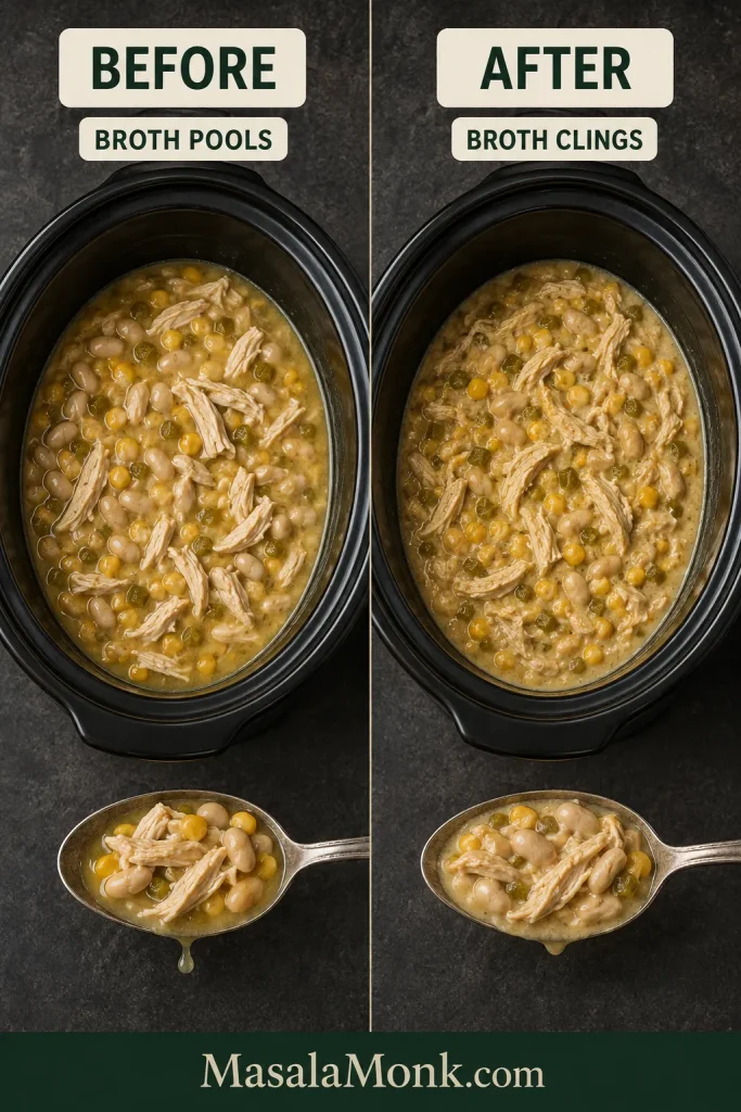 Matched slow-cooker comparison showing freer broth before bean purée and more suspended chicken and beans after thickening.