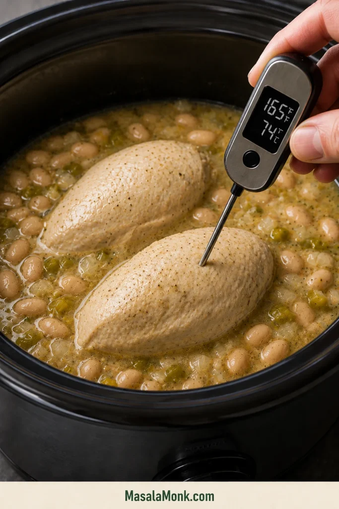 Instant-read thermometer inserted into the thickest part of chicken in the slow cooker, reading 165°F or 74°C.