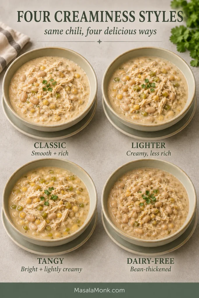 Four matching bowls of white chicken chili labeled classic, lighter, tangy and dairy-free, with different creamy finishes.