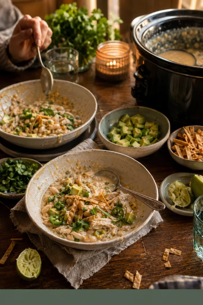 Warm table with partly eaten bowls of white chicken chili, used spoons, lime halves, avocado, tortilla strips and the slow cooker nearby.