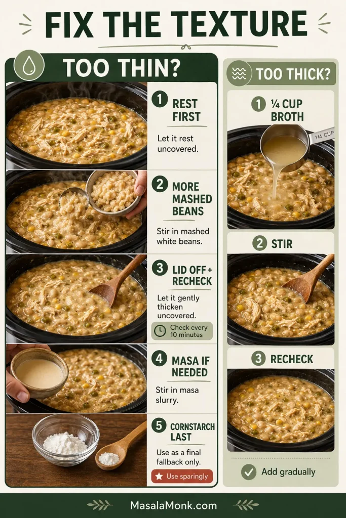 Troubleshooting guide showing a five-step route for thin chili and a separate broth-addition route for overly thick chili.