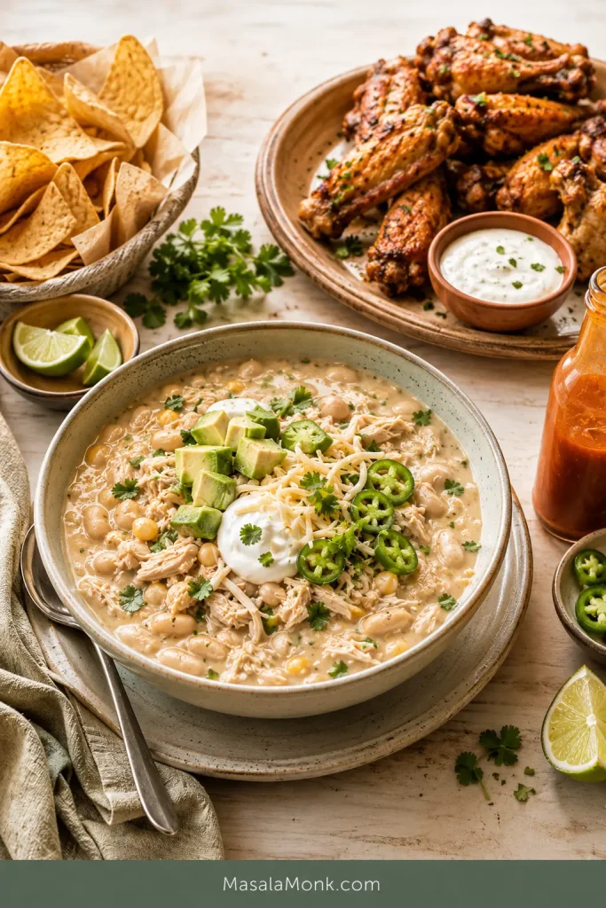 Bowl of white chicken chili served with crisp chicken wings, tortilla chips, lime and hot sauce.