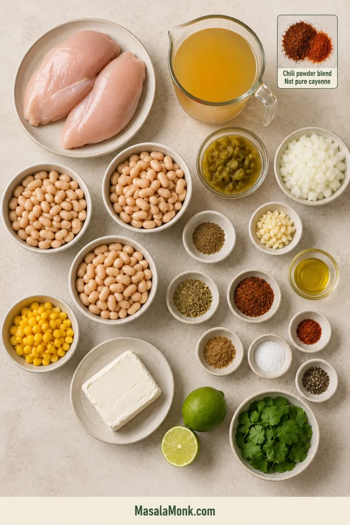 Chicken, white beans, broth, green chiles, onion, garlic, cream cheese, corn, lime and seasonings arranged for white chicken chili.