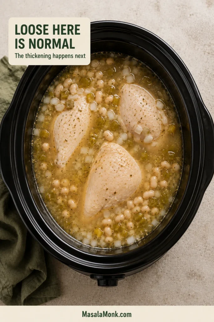 Whole chicken, beans, onion and diced green chiles sitting in loose broth when the slow cooker is first opened.