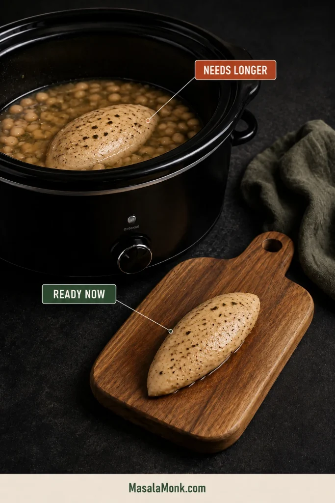 Smaller cooked chicken breast resting on a cutting board while a thicker breast remains in the slow cooker.