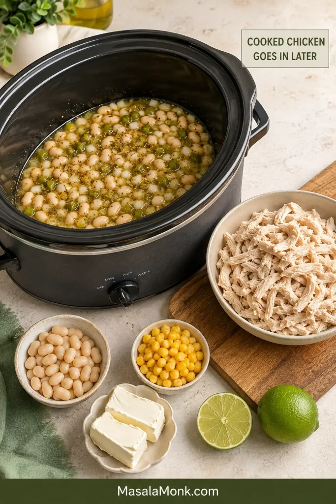 Seasoned white-bean and green-chile base in a slow cooker beside a bowl of cooked shredded chicken and later additions.