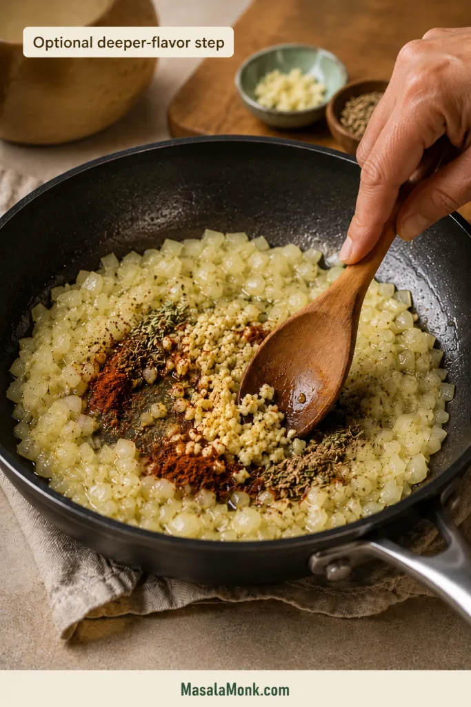 Onion, garlic and spices sautéing in a skillet before being transferred to the slow cooker.