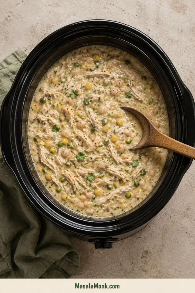 Finished white chicken chili in a black slow cooker with distinct shredded chicken, white beans, corn and green-chile pieces.