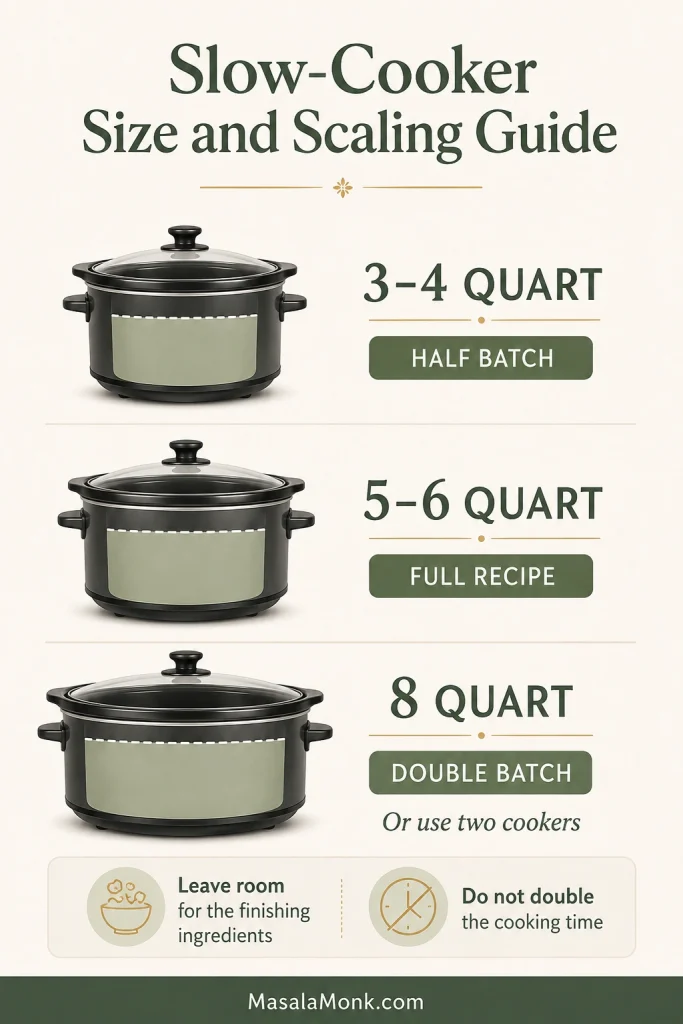 Guide matching 3–4 quart, 5–6 quart and 8 quart slow cookers with half, full and double batches.