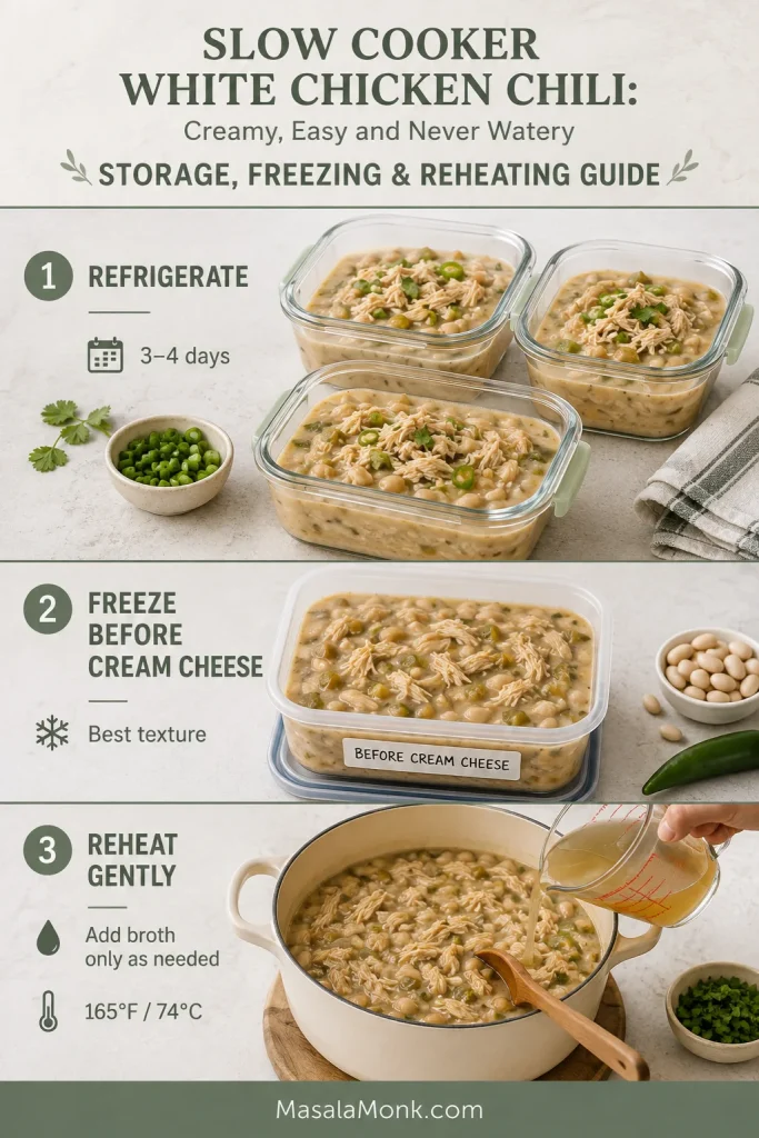 Guide showing refrigerated white chicken chili, the chicken-and-bean base prepared for freezing, and chili reheated gently with added broth.
