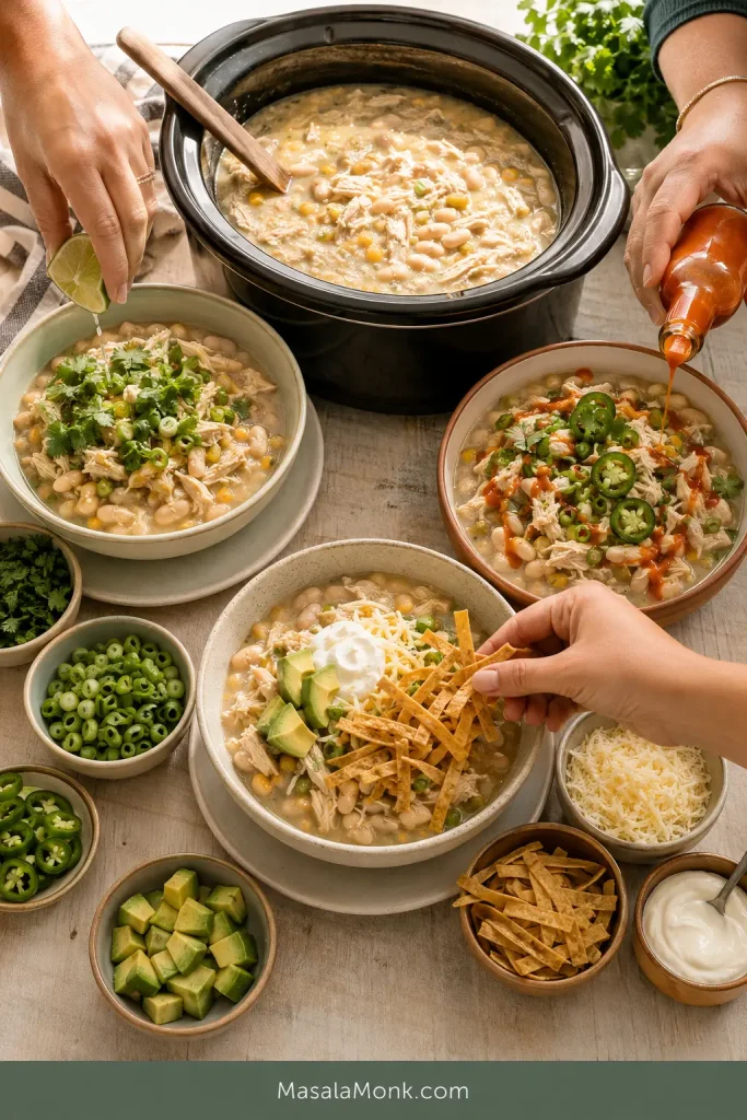 Three bowls customized from one pot with lime and herbs, jalapeño and hot sauce, or avocado, sour cream and tortilla strips.