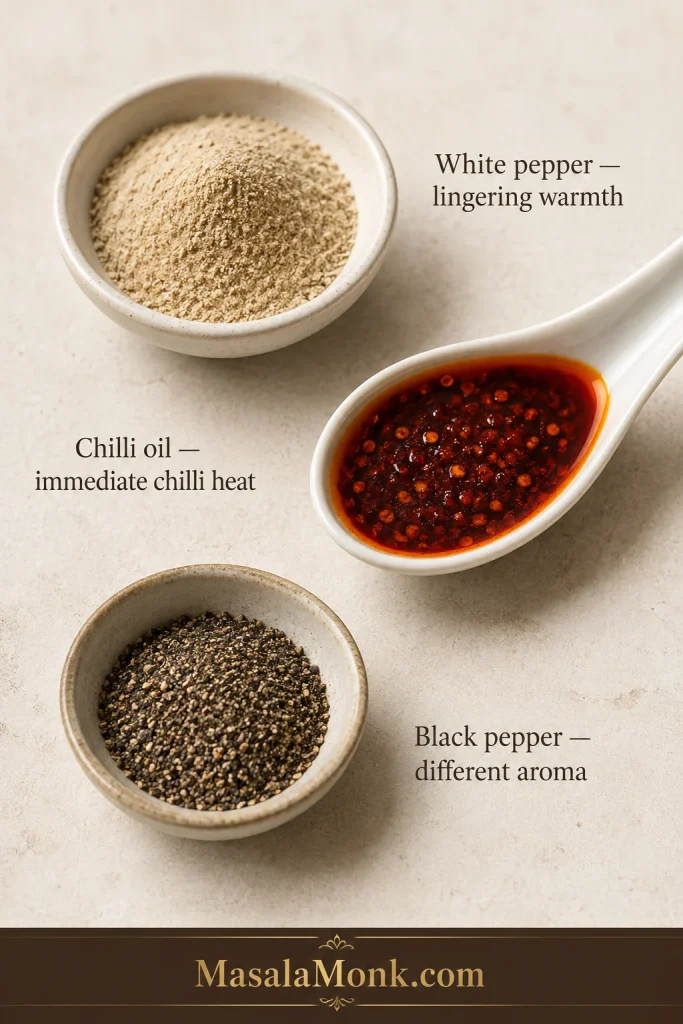 Small bowls of pale ground white pepper and black pepper with a Chinese soup spoon filled with red chilli oil on a light stone surface, each labeled by its heat profile.