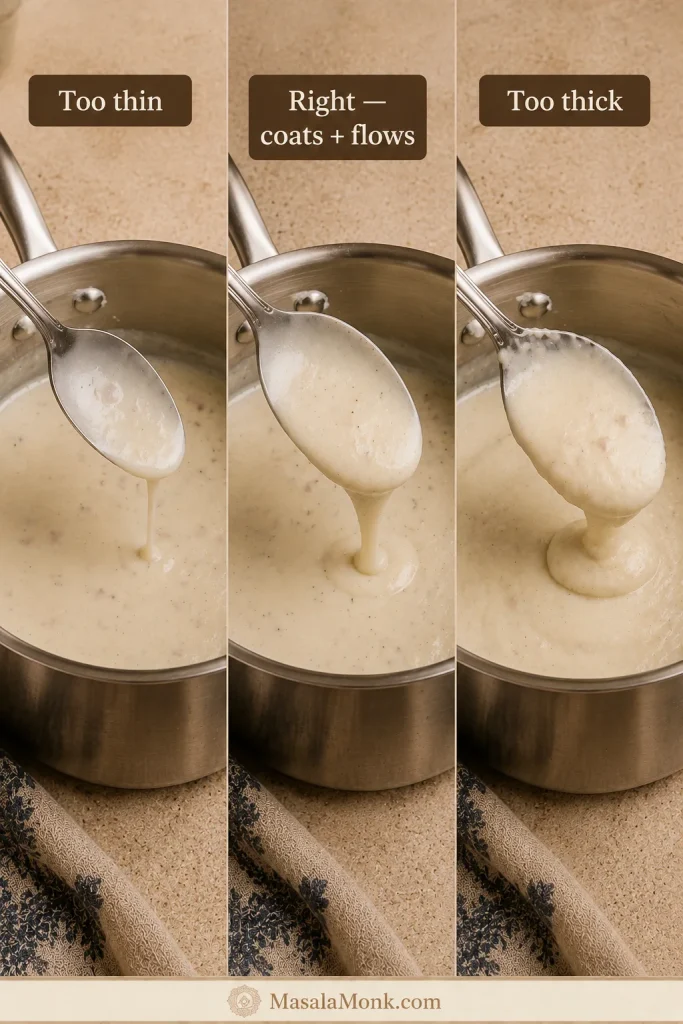 White sauce shown at three consistencies: too thin and runny, correctly coating a spoon while still flowing, and too thick and heavy.