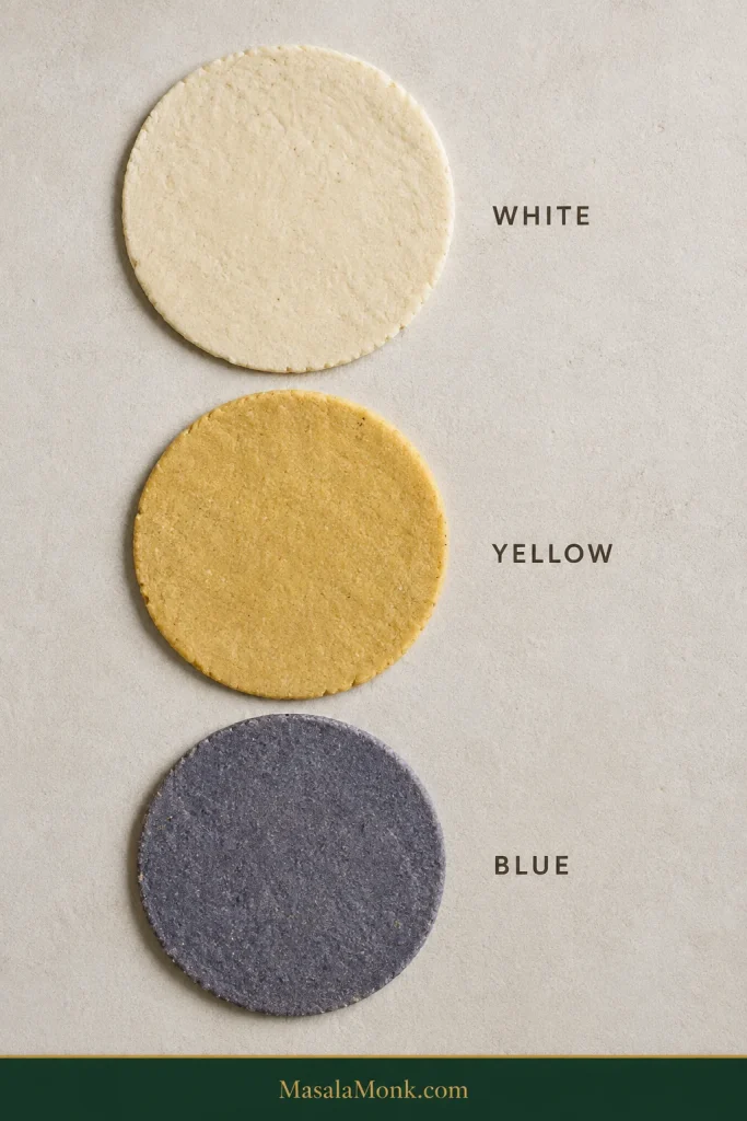 White, yellow, and blue corn masa shown side by side as three differently colored tortilla dough options.