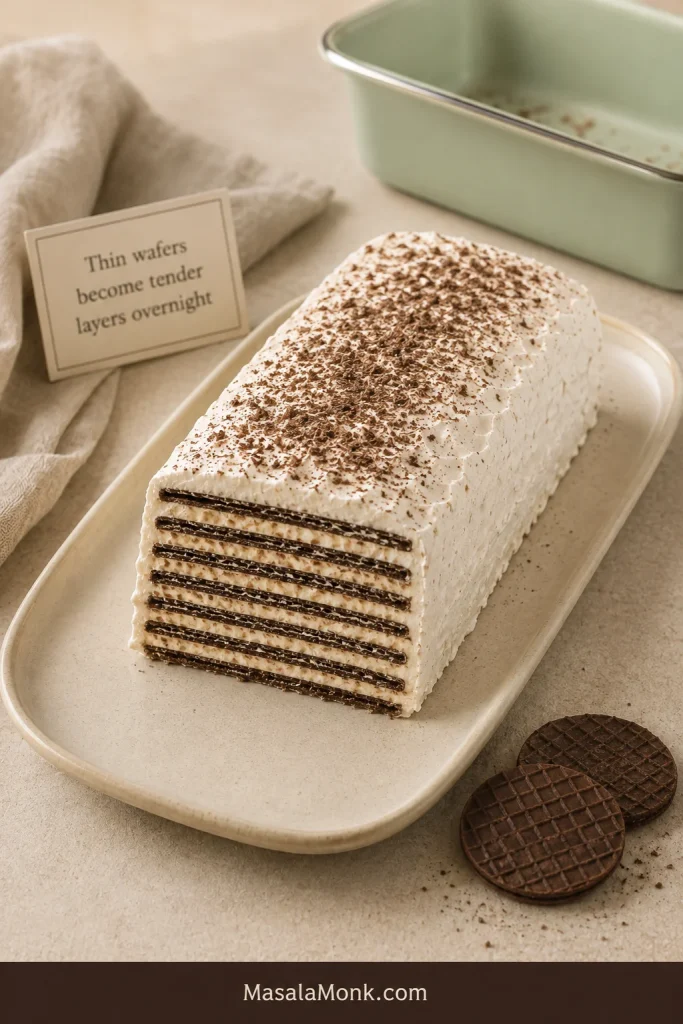 Rectangular chocolate wafer icebox cake with one slice removed, showing many dark cookie and pale cream layers on a platter.