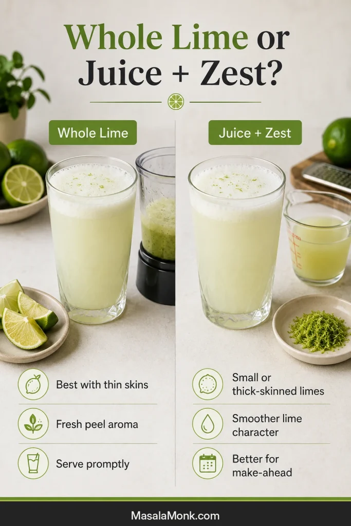 Two pale Brazilian lemonade glasses comparing the whole-lime method with measured lime juice and green zest.