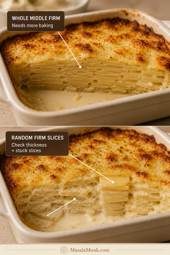 Cutaway comparison of scalloped potatoes with a broadly firm center and another casserole with isolated thick or stuck firm slices.