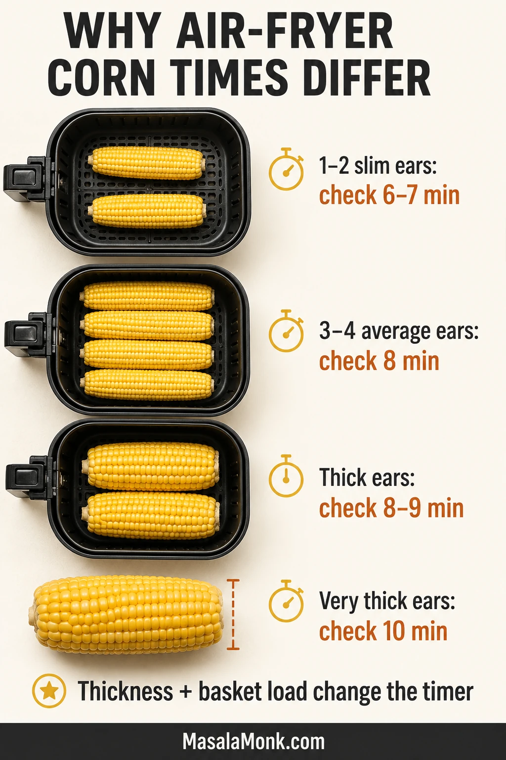 Timing guide comparing slim, average, thick and very thick corn ears with different first-check times and basket loads.