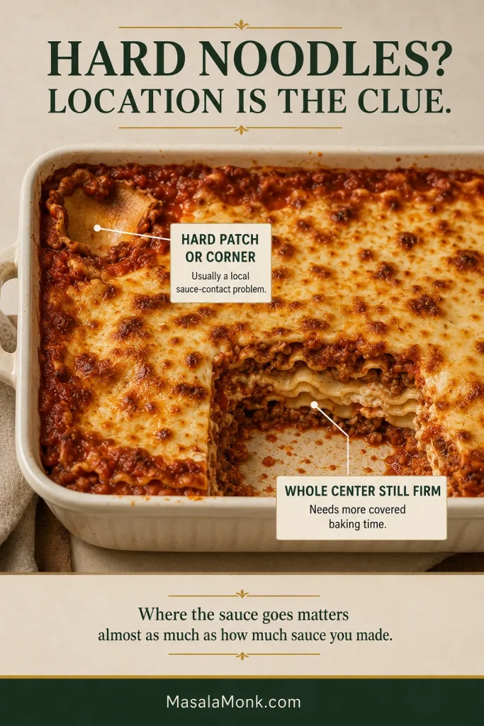 A lasagna showing one dry curled corner and a separate opened center where the interior pasta layers can be checked for firmness.