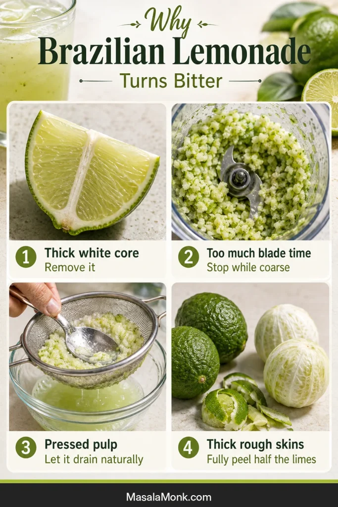 Four-panel guide showing a thick white lime core, excessive blending, pressed pulp and rough thick-skinned limes.