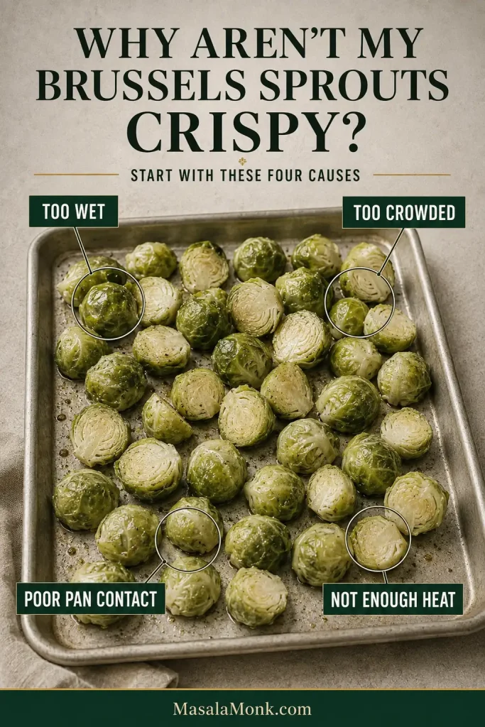 Pale Brussels sprouts on a sheet pan with callouts for excess moisture, overcrowding, poor pan contact and insufficient heat.