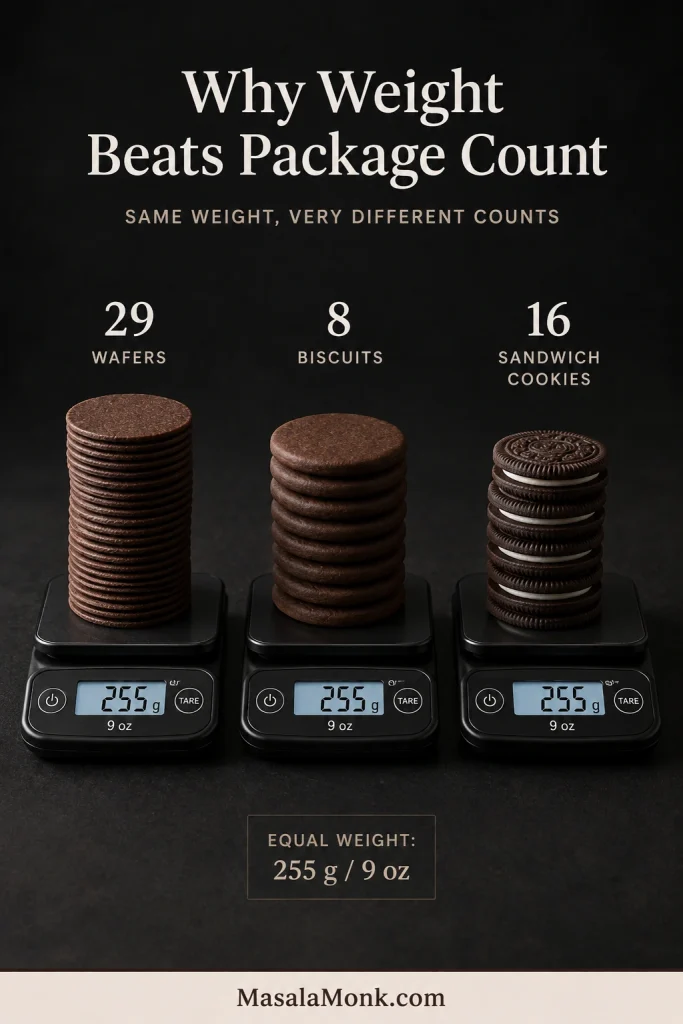 Three kitchen scales each showing 255 grams or 9 ounces with different quantities of thin wafers, wide biscuits and sandwich cookies.