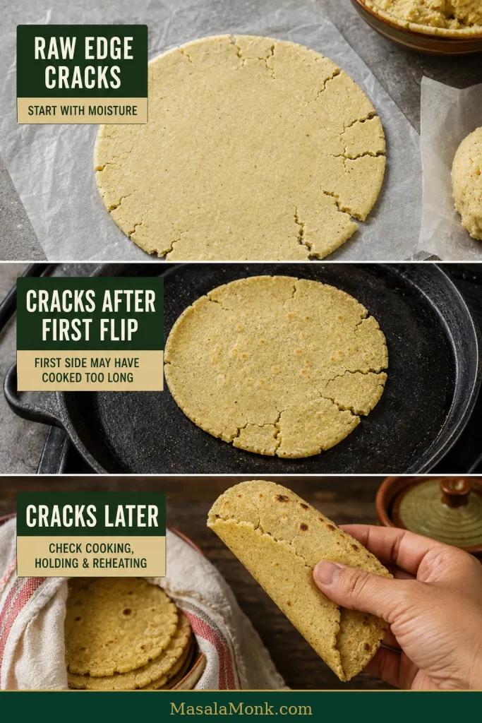 Three-stage troubleshooting guide showing cracks in raw tortilla dough, after the first flip, and later during holding or reheating.