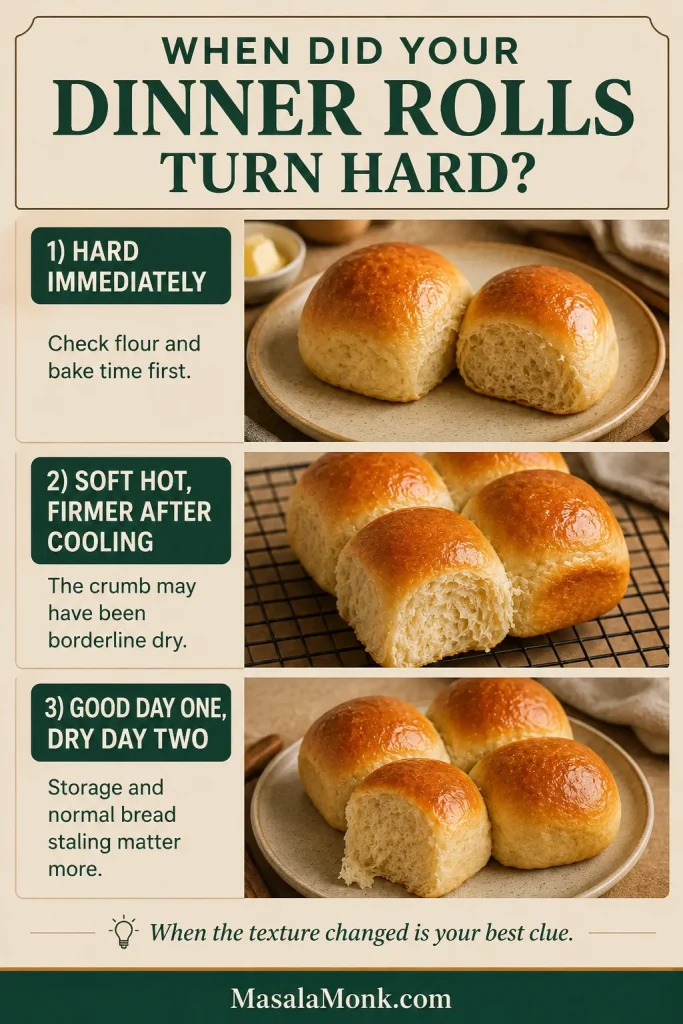 Three-part guide comparing dinner rolls that are hard immediately after baking, become firmer after cooling or turn dry by the following day.