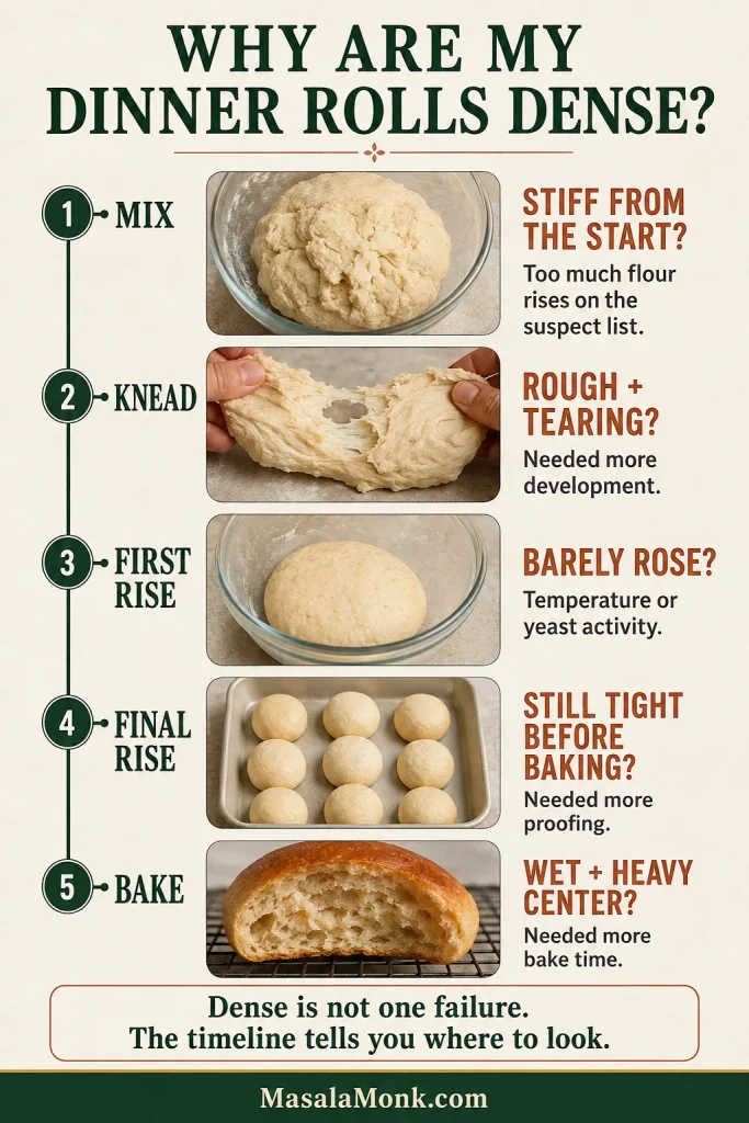 Five-stage dense-roll troubleshooting timeline showing stiff dough, rough tearing, little first-rise growth, twelve tight underproofed rolls and a baked roll with a heavy center.