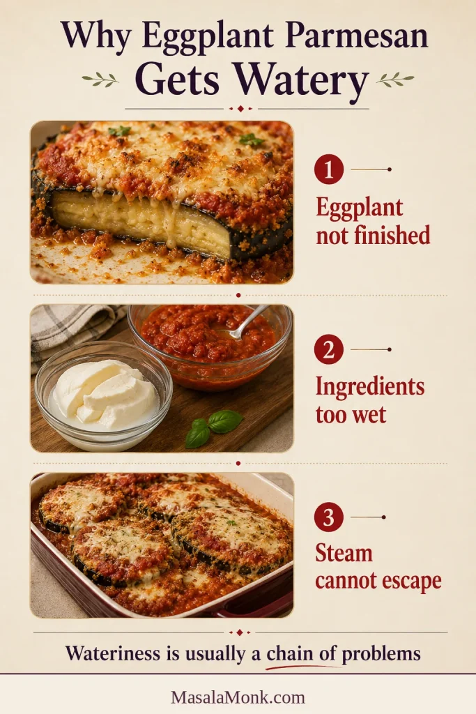 Three-part visual explaining undercooked eggplant, wet ingredients and trapped steam as causes of watery Eggplant Parmesan.