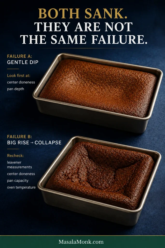 Two gingerbread cakes in rectangular pans comparing a mild central dip with a much larger risen-and-collapsed center.