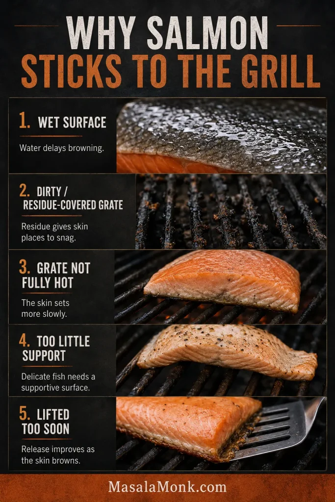 Five-part diagnostic guide showing wet salmon skin, residue-covered grill grates, an underheated grate, unsupported delicate salmon and a fillet being lifted before it releases.