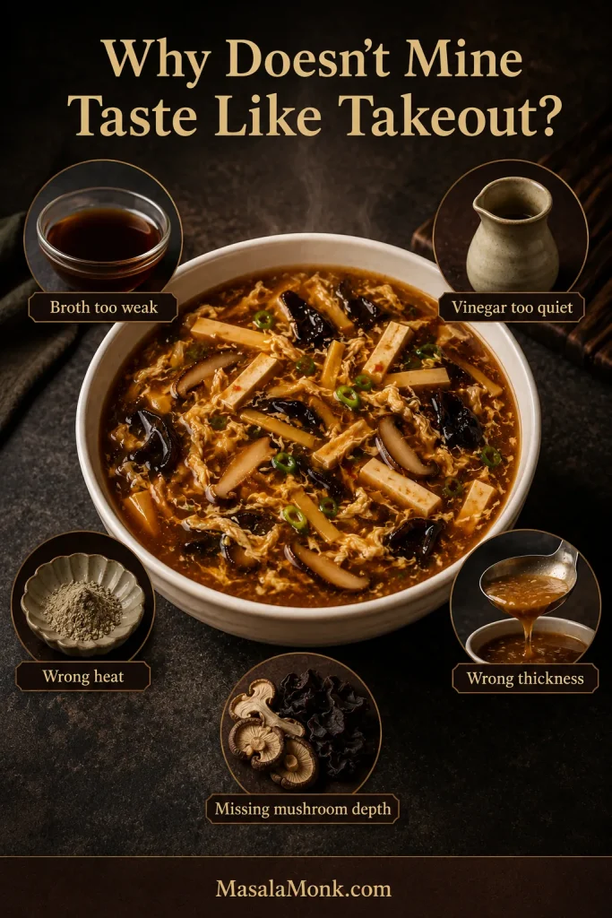 Dark editorial guide centered on a bowl of hot and sour soup with five surrounding cues for weak broth, quiet vinegar, wrong heat, wrong thickness and missing mushroom depth.