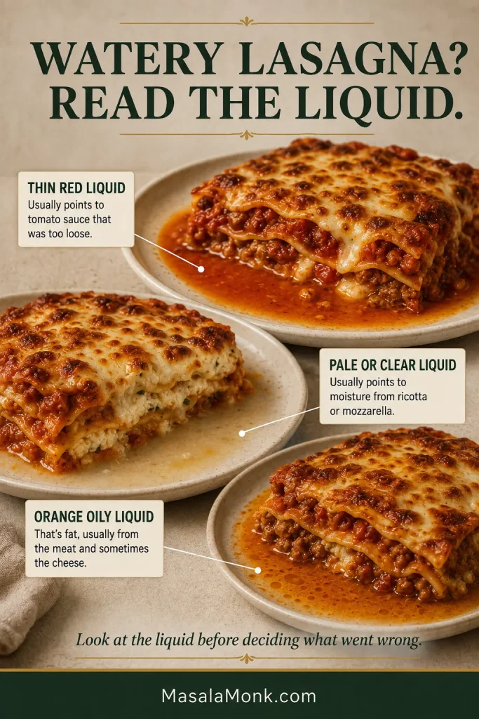 Three lasagna portions with different pooled liquids: thin red tomato liquid, pale dairy moisture and orange oily rendered fat.