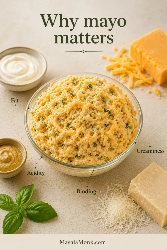 Bowl of cheddar and mayonnaise topping surrounded by mayonnaise, cheddar, Parmesan, Dijon, and basil, with callouts for fat, acidity, creaminess, and binding.