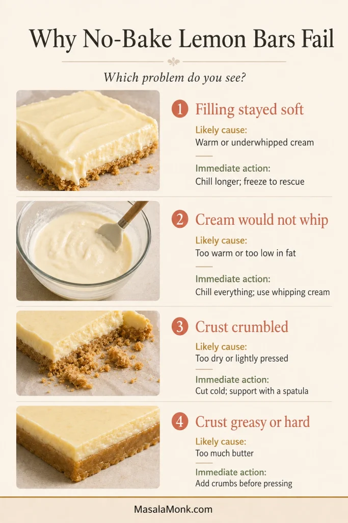 A troubleshooting guide compares soft filling, cream that did not whip, a crumbling crust and an overly dense greasy crust.