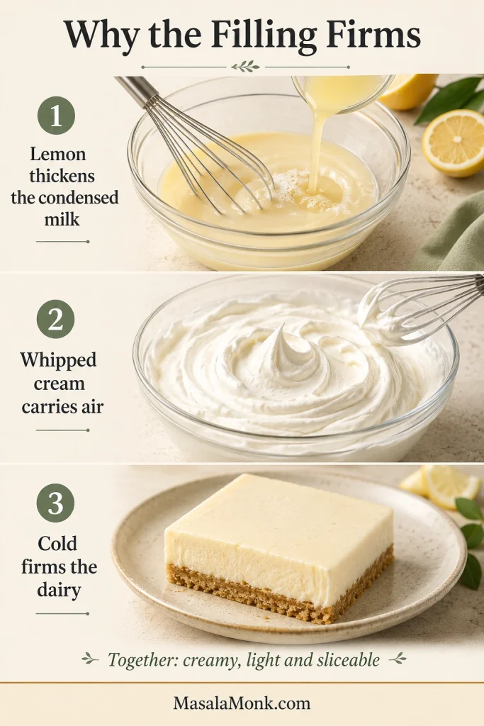 Three stages show lemon thickening condensed milk, whipped cream holding air and a chilled lemon bar retaining a square shape.