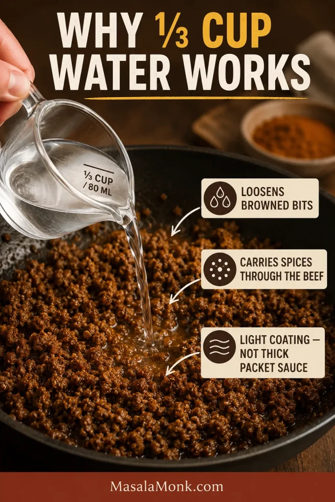 One-third cup or 80 milliliters water being added to seasoned ground beef to distribute spices and loosen browned bits.