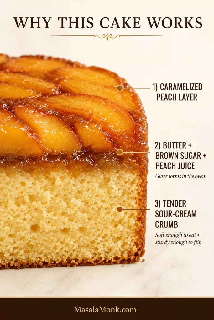 Annotated cross-section of peach upside down cake showing the caramelized peach layer, a thin butter-brown-sugar-and-peach-juice glaze, and the tender sour cream cake crumb beneath.