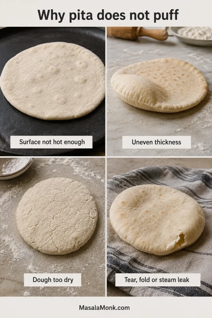 Four pita problems showing insufficient heat, uneven thickness, dry cracked dough and a tear that releases steam.