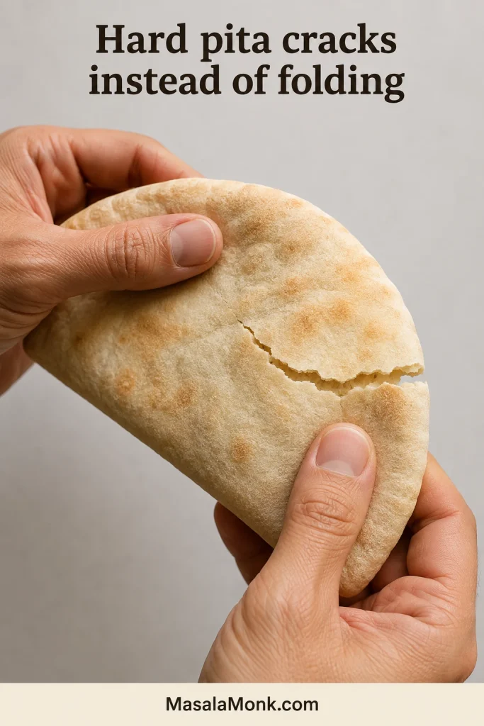 Two hands bending a dry pita as a crack opens across its pale surface.