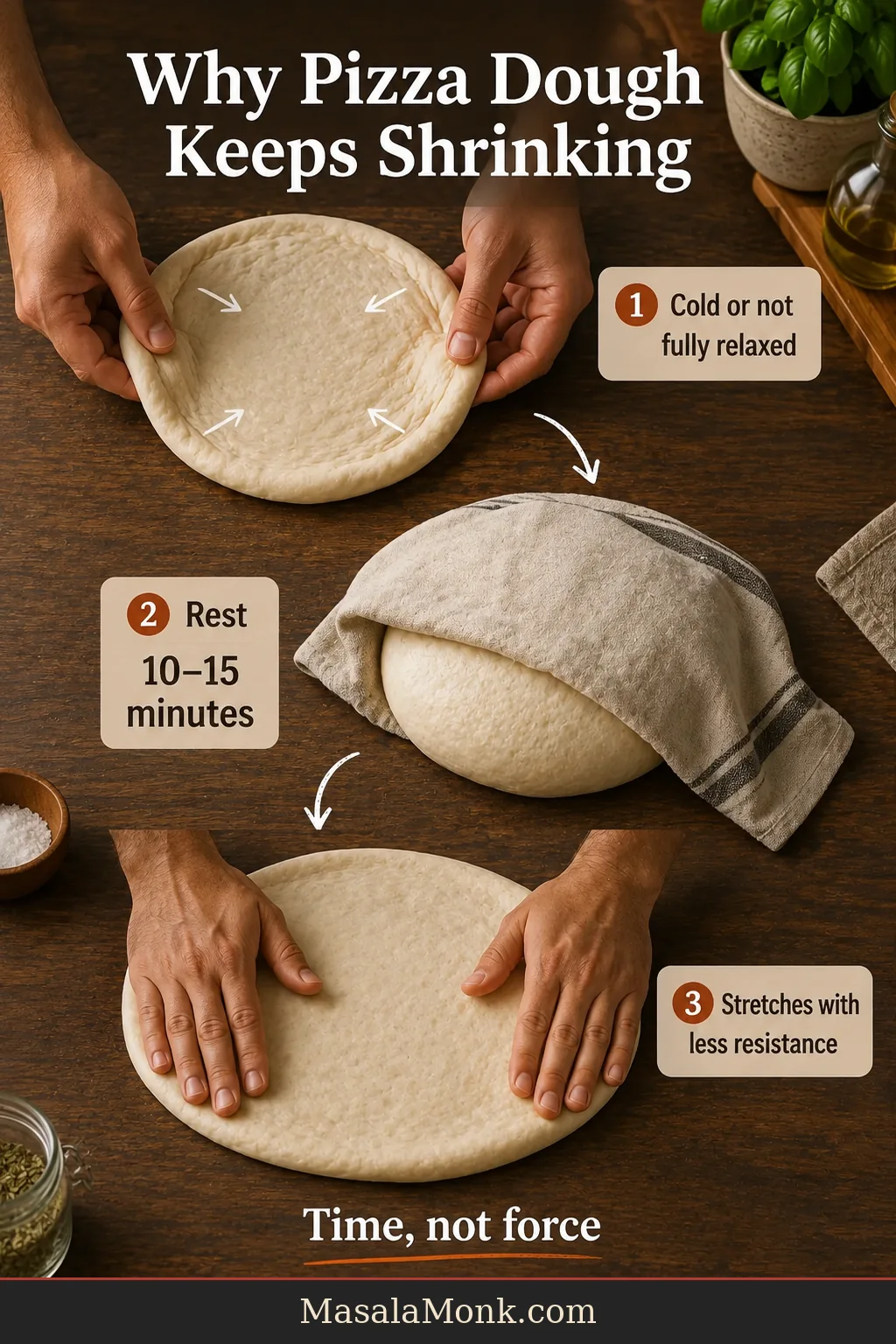 Partially stretched pizza dough shown resisting, resting under a cover and then widening more easily under gentle pressure.