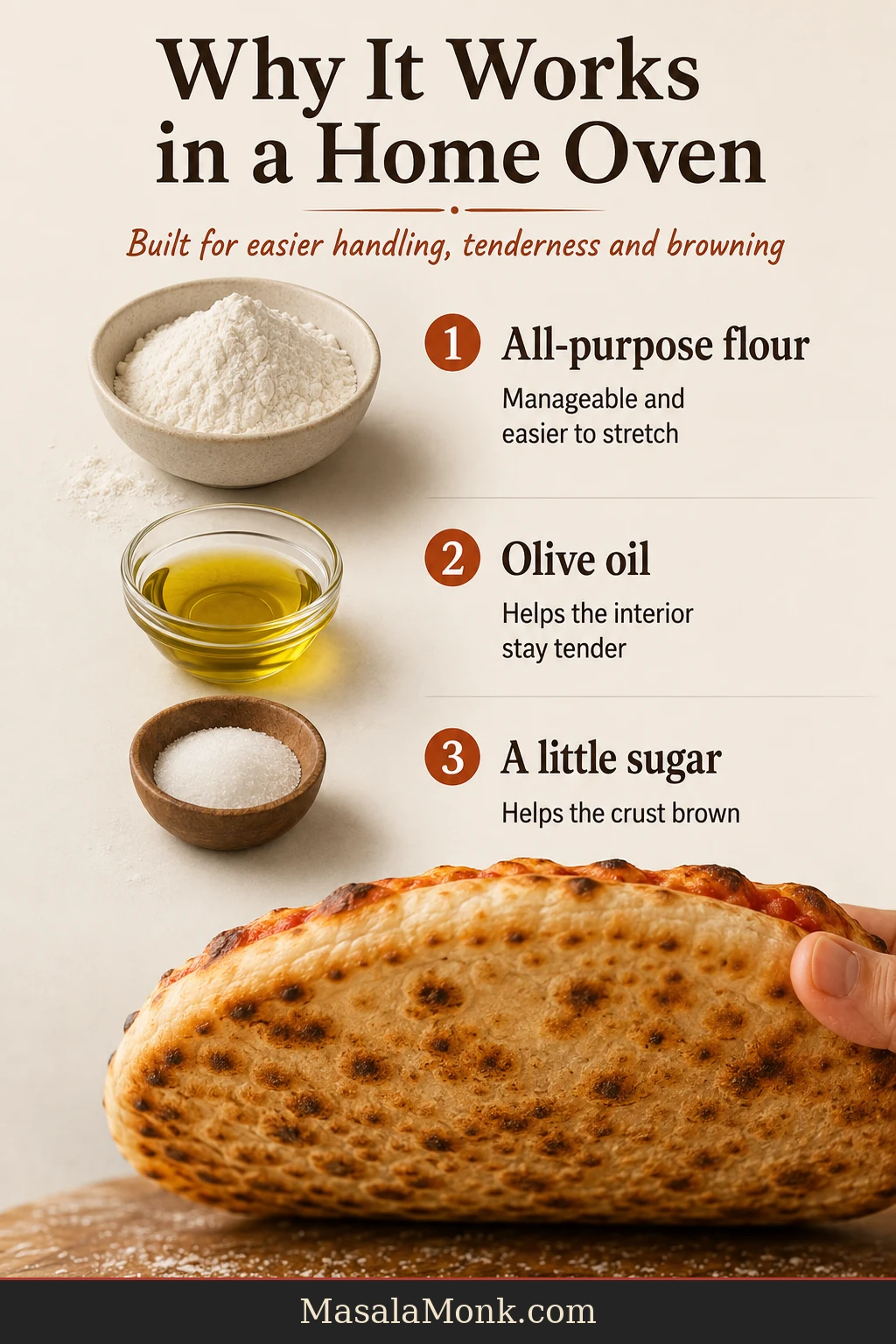All-purpose flour, olive oil and a small amount of sugar arranged beside a golden home-oven pizza crust.
