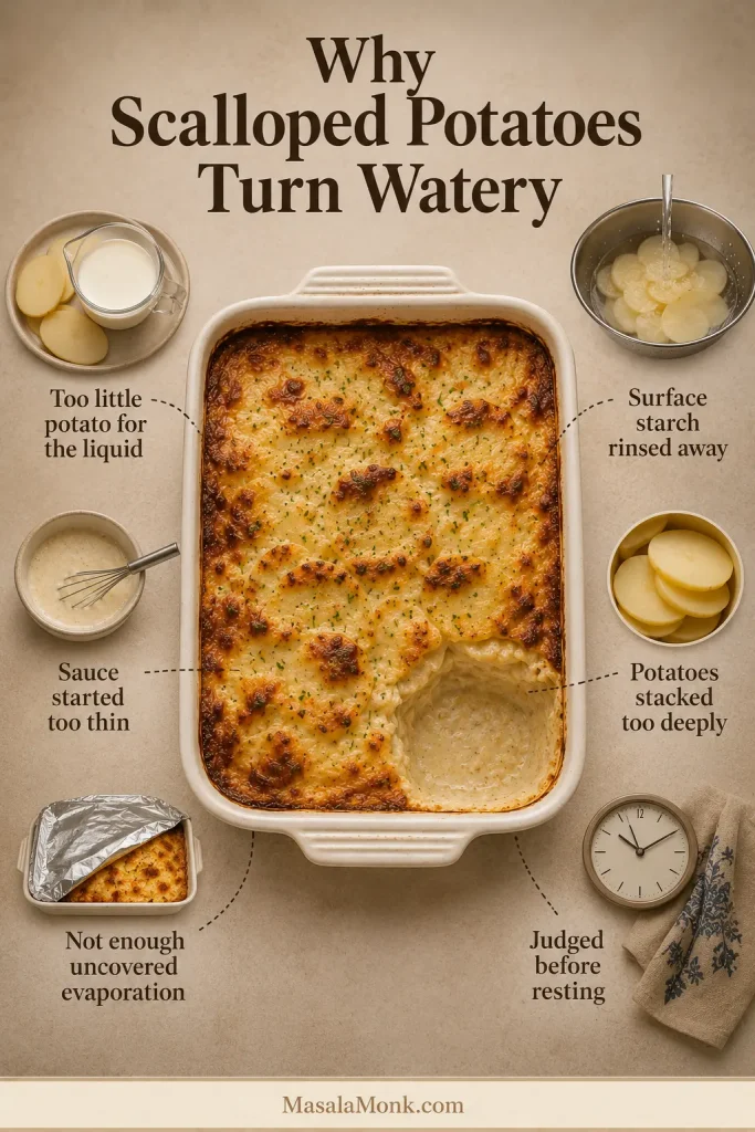 Troubleshooting guide showing six causes of watery scalloped potatoes: too much liquid for the potatoes, rinsed starch, thin sauce, deep layering, insufficient evaporation and judging before resting.